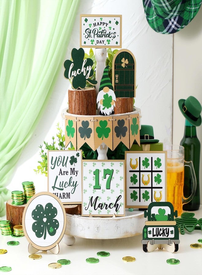 Anglechic 14 Pcs St. Patrick's Day Tiered Tray Decor Set Luck Shamrock Wooden Signs Irish Decor Saint Patty's Day Table Decoration for Home Tabletop Shelf Party - Image 3